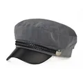 Classic grey newsboy cap with black leather brim and decorative braided cord detail - M (56-58cm) / Cotton/PU Leather / Cotton Grey