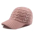 Detailed texture of pink cable knit baseball cap with sparkling rhinestone V patterns - Adjustable / Pink