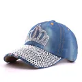 Blue denim baseball cap with rhinestone crown and distressed brim for women - Adjustable / Denim Retro Blue