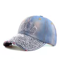 Dark blue denim baseball cap with rhinestone crown design and distressed brim details - Adjustable / Light Blue Denim