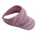 Close-up of pink knitted visor with faux pearls and rhinestones decoration detail - Adjustable / Pink