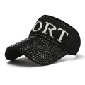 Detail of black knitted visor with rhinestones and sparkling SPORT letter design - Adjustable / Black/Black Zirconia