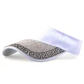 Detail of white sun visor featuring shimmering silver rhinestones and black Greca pattern - Greek Key Pattern White