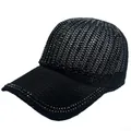 Detailed view of luxury black baseball cap with sparkling rhinestones and beaded textures - Adjustable / Black