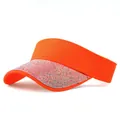 Close-up of bright orange sun visor with colorful sparkling rhinestone details - Solid Orange