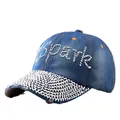 Sparkle rhinestone denim baseball cap in washed blue with sparkling letter detail - Adjustable / Dark Blue Denim