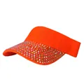 Vibrant orange sun visor hat with sparkling multi-color rhinestones and mesh texture - Adjustable / Orange