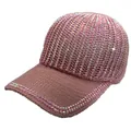 Close-up of sparkling rhinestones on purple mesh knit baseball cap with hollow design - Adjustable / Pink