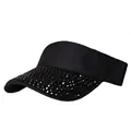 Women's black open top sun visor hat with sparkling rhinestones and knitted band - Adjustable / Black/Black Zirconia