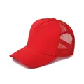 Detail of red trucker hat with breathable mesh back and adjustable snap closure - Adjustable / Red