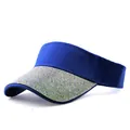 Macro view of blue sun visor hat featuring colorful sparkling rhinestones on the brim - Plain Royal Blue