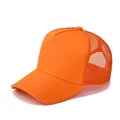 Detail of breathable orange mesh back and solid fabric panel on trucker cap - Adjustable / Orange