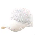 White breathable mesh baseball cap with luxury sparkling rhinestones and crystal brim - Adjustable / White
