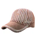 Brown breathable knit baseball cap with vertical rows of sparkling rainbow rhinestones - Adjustable / Khaki