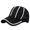 Women's mesh sun hat with luxury pearls and black beads, breathable baseball cap style - Black