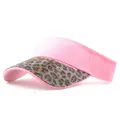 Detail of pink visor with rhinestone leopard print brim and adjustable open top design - Leopard Pink