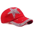 Bright red baseball cap with silver rhinestone star pattern and studded brim for women - Adjustable / Red