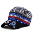 Detailed close-up of sparkling USA rhinestone lettering on the sun visor brim - Adjustable / Black