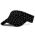 Detailed view of colorful rhinestones on a black cotton open top sun visor hat - Small Black Rhinestones