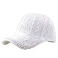 White lace baseball cap featuring elegant pearl and rhinestone mesh decorations - White