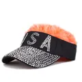 Macro shot of silver rhinestone USA letters on a black cap with orange faux hair texture - Black With Orange Hair