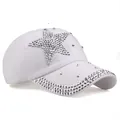 White baseball cap featuring silver rhinestone star patterns and shimmering brim details - Adjustable / White