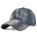 Blue washed denim baseball cap with sparkling silver rhinestones and PARIS letter design - Adjustable / Dark Blue