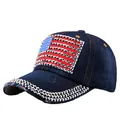 Distressed dark blue denim baseball cap with rhinestone American flag design - Adjustable / Dark Blue (Denim No.5)
