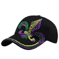 Berretto da baseball in cotone nero con giglio in strass multicolore e tesa con cristalli - Regolabile / Nero