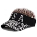 Detail of USA rhinestone lettering on black baseball cap with brown curly hair wig - Black With Brown Hair