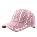 Pink glitter knit baseball cap for women with faux pearls and rhinestone decorations - Pink