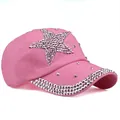Pink rhinestone baseball cap with silver stud star pattern and brim details - Adjustable / Pink