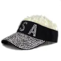 Close-up of sparkling USA rhinestone lettering on visor with attached white wig hair - Black With Beige Hair