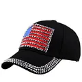 Black baseball cap featuring rhinestone American flag design and diamond-studded brim - Adjustable / Black