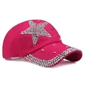 Rose red baseball cap with silver rhinestone star and studded brim for women - Adjustable / Rose Red