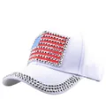 White baseball cap with American flag rhinestone patch and studded brim decoration - Adjustable / White