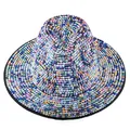 Detail view of colorful iridescent rhinestones on a wide brim wool fedora stage hat - Black Hat with Colorful Rhinestones