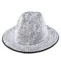 Detailed view of silver rhinestone embellishments and black trim on a wool jazz hat - Black Hat with Silver Rhinestones