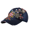 Navy denim baseball cap with floral embroidery and colorful rhinestones for women - Adjustable / Deep Blue Denim
