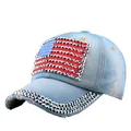 Light blue denim baseball cap with rhinestone American flag and sparkling brim - Adjustable / Light Blue (Denim No.2)