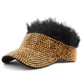 Detail of sparkling gold rhinestones and black artificial wig on creative sun hat - Black Hair Gold Rhinestones