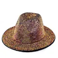 Macro detail of hand-applied golden rhinestones on a vintage wool felt jazz fedora hat - Black Hat with Rusty Red Rhinestones