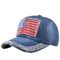Dark blue denim baseball cap with rhinestone American flag and silver crystal brim - Adjustable / Blue Denim