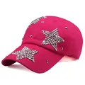 Rose red baseball cap for women with silver rhinestone star pattern and metal studs - Adjustable / Rose Red