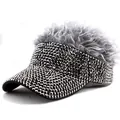 Detail of sun visor hat with grey wavy wig hair and sparkling silver rhinestones - Grey Hair Gun Grey Rhinestones