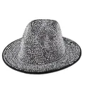 Detailed close-up of a silver rhinestone fedora hat with black bound edge trim - Black Hat with Gunmetal Gray Rhinestones