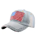 Light blue denim baseball cap featuring American flag rhinestone design and sparkly brim - Adjustable / Washed Light Blue Denim