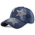 Distressed dark blue denim baseball cap with rhinestone stars and frayed details - Adjustable / Dark Blue Denim