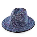 Detailed view of iridescent rhinestones on a black wool jazz fedora hat surface - Black Hat with Blue and Purple Rhinestones