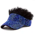 Detail of blue rhinestone visor with black synthetic hair wig for creative sun protection - Black Hair Royal Blue Rhinestones